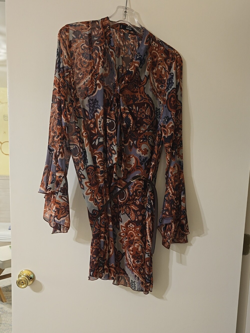 Mango Long-Sleeve Paisley Sheer Dress in Brown and Blue
